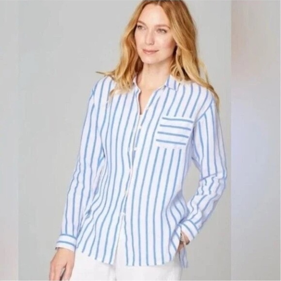 NWT J. Jill Love Linen Blue/White Stripe 100% Linen Button Down Shirt Size XS - Picture 1 of 10